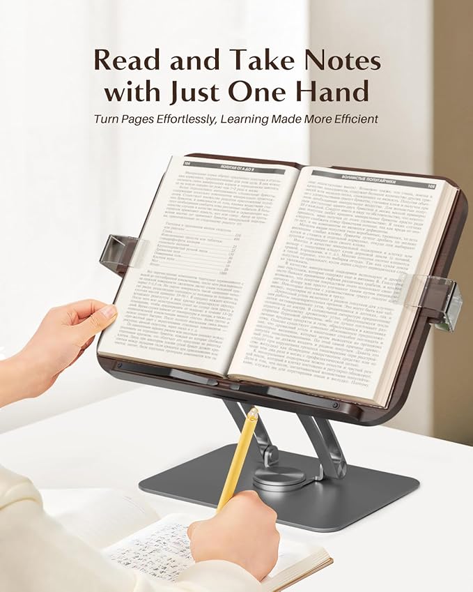 Adjustable Book Stand with 360 Swivel Base, Foldable Cookbook Stand for Recipe Books, Laptops, Textbooks