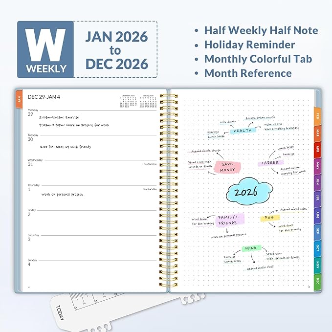 SUNEE 2026 Weekly and Monthly Planner - January 2026-December 2026, 8.5"x11" Half Weekly Half Note, Daily Agenda Planner with PVC Waterproof Cover, Monthly Tab, Note, Pockets, Bookmark, Blue