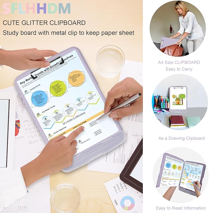 Clipboard with Storage,Storage Clipboard with Pen Holder, A4 Binder Clip Boards 8.5x11 with Low Profile Clip,Side Opening Nursing Clipboards, Clipboards Folder for Office Supplies-Lavender