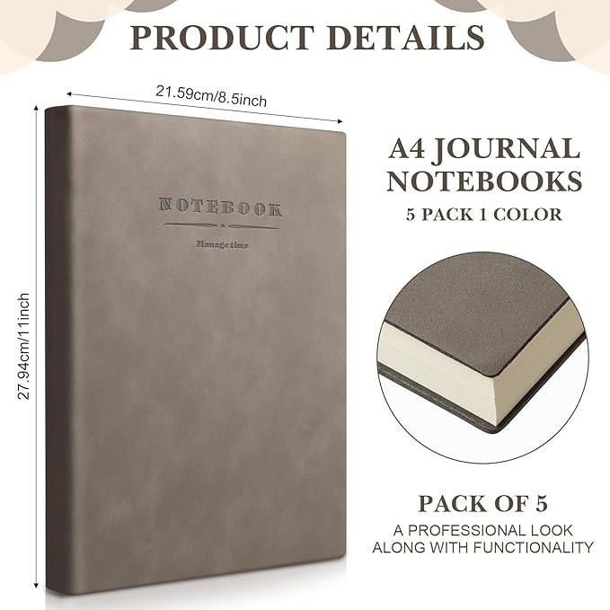 SATINIOR 5 Pack A4 Notebooks Large Journal 360 Pages Leather Softcover Hardcover Notebooks Thick Paper Lined Notepad for Office School Business Note Taking Writing, 8.5'' x 11''(Mixed Color)
