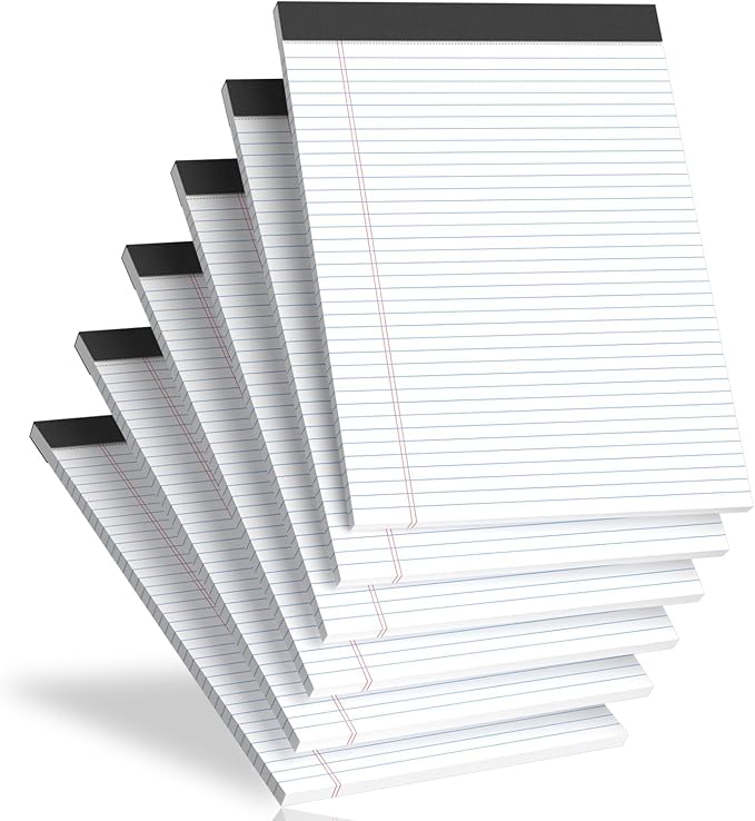 Legal Pads 8.5 X11.75, Narrow Ruled Notepads, 6 Pack, 30 Sheet/Pad, White Legal Pads, Tear Off Notepad, Perforated Writing Pad, Notebook Paper College Ruled, Notepads for Office Home School, Notepad
