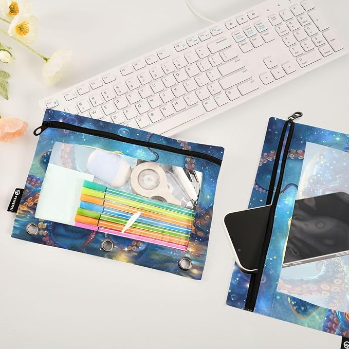 Octopus Galaxy Pencil Pouch for 3 Ring Binder, 2 Pack Waterproof Pencil Bags Clear Window Zipper School Office Supplies