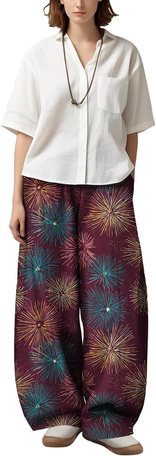 Zaswen Women's Oversize Loose Fit Breathable Pants Wide Leg Lounge Pants Fashion Casual Fireworks Print Trousers with Pockets
