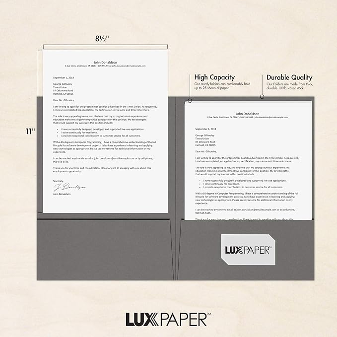 LUXPaper 9" x 12" Presentation Folders | Two Pocket | Smoke Gray | 100lb. Cover | 25 Qty