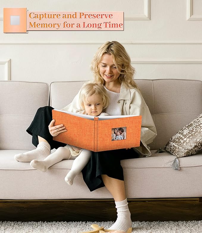 Photo Album Self Adhesive Scrapbook Album for 3x5 4x6 5x7 8x10 Pictures,60 Pages Linen Cover with Display Window DIY Photo Book,Ideal Gifts for Family Travel Wedding Baby