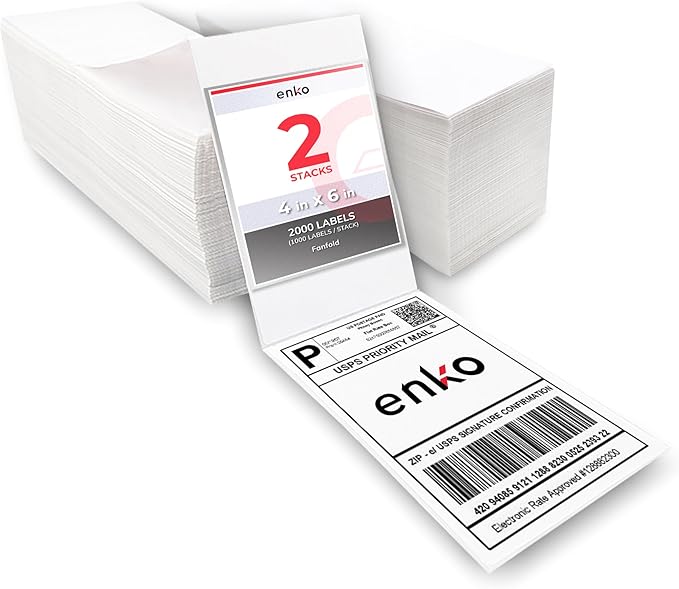 enKo 2 Stacks/2000 Labels 4"x6" Fanfold Direct Thermal Labels Compatible for Rollo Zebra Printer - Shipping Mailing Postage Labels, Perforated, Permanent Adhesive (2 Labels/Fold | 1000 Labels/Stack)