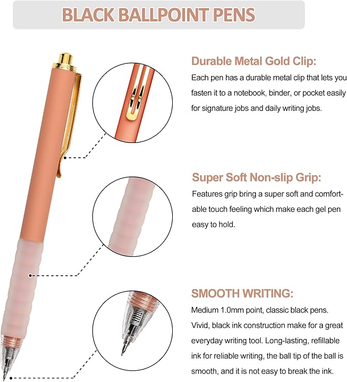 Linbsunne Ballpoint Pens Medium Point 1mm Black Ink Work Pen with Super Soft Grip Ball Point Pen for Men Women Retractable Office Pens (Gold Clip-12 count)