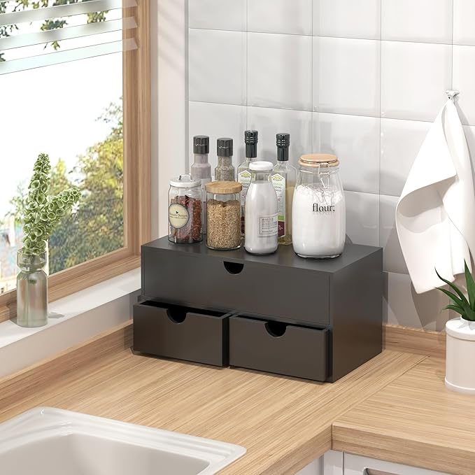 Bamboo Desk Organizer with Drawers Desktop Storage Drawers for Bills Office Supplies Kitchen Utensils Organizing Tool for Home Classroom Organization No Assembly (Black)