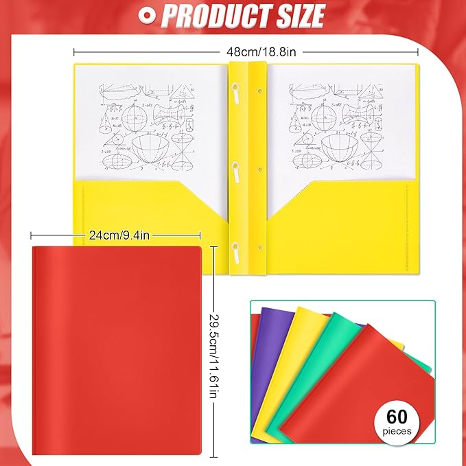 Yeaqee 60 Pcs Plastic Folders with Pockets and Prong Plastic Folders with 2 Pockets Pocket for Office, School for Students, Teachers, Office Workers (Multicolor)