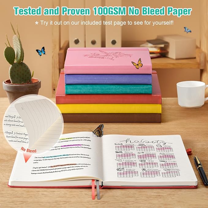 Lined Notebook Journal for Women Men, 312 Numbered Pages A5 Thick Leather Journal for Writing, Daily Journal for Work School, Hardcover College Ruled Notebook, Butterfly Floral Notebook, Peacock Blue