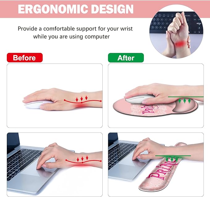 DINKY Pink Mouse Pad with Wrist Rest, Desk Pad for Keyboard and Mouse, Ergonomic Mousepad Set, Keyboard Wrist Rest with Coaster, Desk Mat Combo for Office Home, Pink Princess