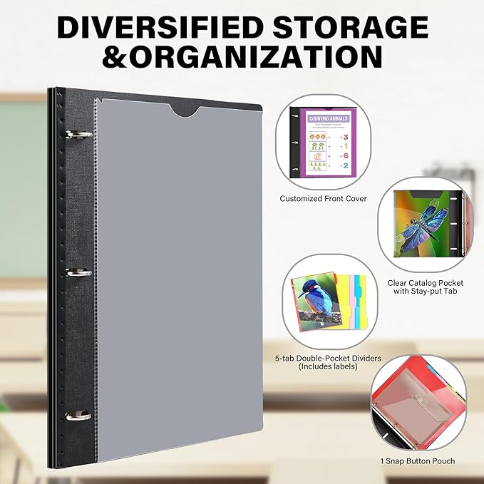 WOT I Telescoping Project Organizer 2-Pack, Refillable 3 Ring Binder with Dividers and Pockets, 13 Pocket Folders, 1 Inch 3 Rings, Black