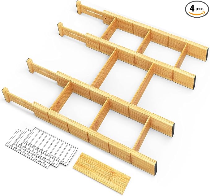 SpaceAid Bamboo Drawer Dividers with Inserts and Labels, Kitchen Adjustable Drawer Organizers, Expandable Organization for Home, Office, Dressers, 4 Dividers with 9 Inserts (17"-22" Natural)