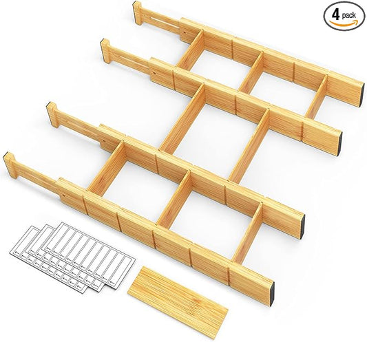 SpaceAid Bamboo Drawer Dividers with Inserts and Labels, Kitchen Adjustable Drawer Organizers, Expandable Organization for Home, Office, Dressers, 4 Dividers with 9 Inserts (17"-22" Natural)