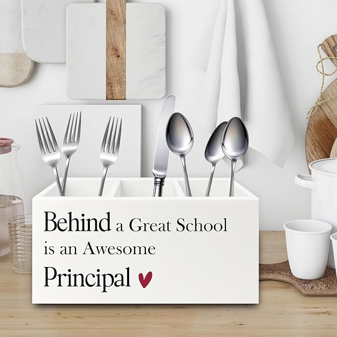 Principal Gifts Pen Pencil Holder Organizer for Desk, Gifts for Principals Women Men, Behind a Great School Is an Awesome Principal Wooden Box Sign for Office Workplace Desk Tabletop Decorations