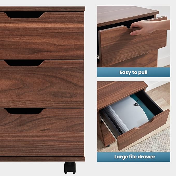 Farini Mobile File Cabinet for Home Office, 3 Drawer Chest Wood, Drawers Unit for Under Desk, Storage Drawers Cabinet Brown