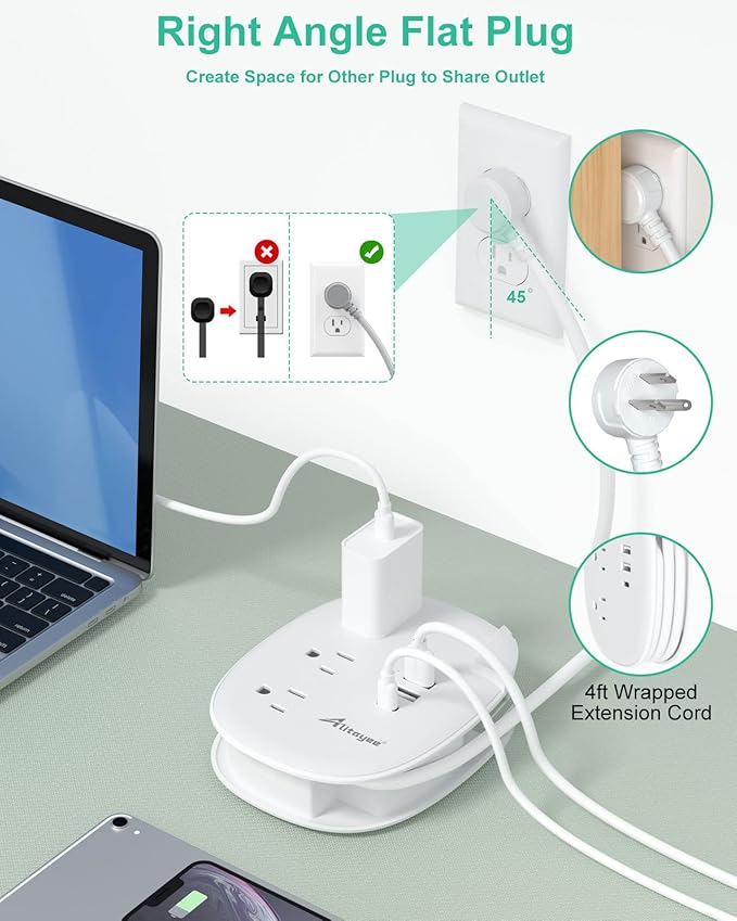 Alitayee USB C Travel Power Strip,Portable Power Strip with 3 Outlets 3 USB Ports Fast Charge, USB Extension Cord with Flat Plug and 4ft Wrapped Around Extension Cord for Cruise Travel Home Office