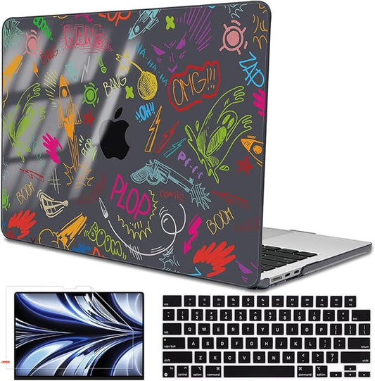 for MacBook Air 13.6 Inch Case 2025 2024 2023 2022 Release Model M4 A3240 M3 A3113 A2681 M2, Crystal Black Pattern Plastic Hard Shell Cover for MacBook Air 13 M4 Chip 2025, Doodle Word