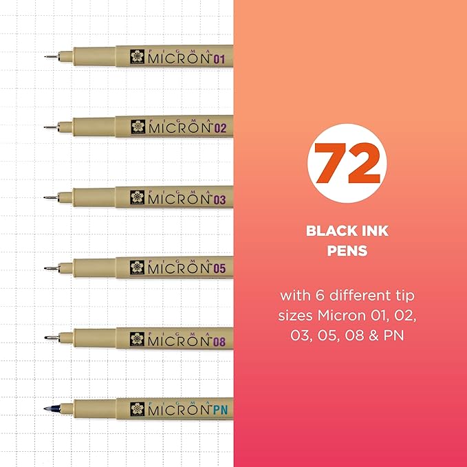 SAKURA Pigma Micron Fineliner Pens - Archival Black Ink Pens - for Writing or Drawing for Artists, Crafters & DIY Gifts Projects - Assorted Point Sizes - 72 Count