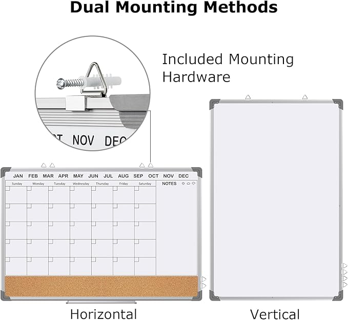 EAONE Magnetic Whitboard Calendar for Wall, Double Sided Dry Eraser Board Combo with Aluminum for Office, School, Home Kitchen (Silver, 36" x 24")