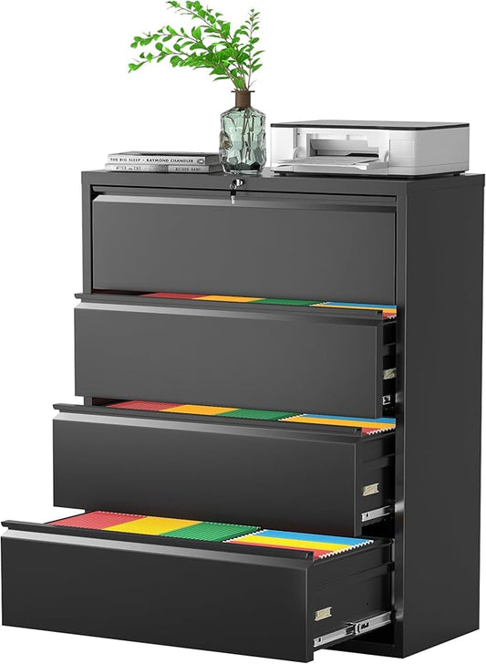 Pataku 4 Drawer File Cabinet with Lock, Metal Lateral File Cabinets for Home Office 4 Drawer, Locking Filling Cabinets for Hanging Files Letter/Legal/F4/A4 Size (Blcak)