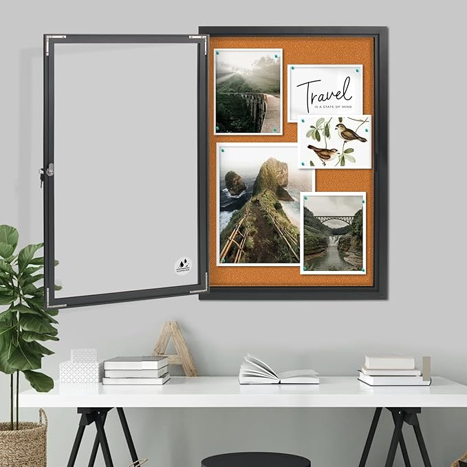 Enclosed Bulletin Board,Outdoor Weatherproof Cork Noticeboard with Locking Door, Wall-Mounted Black Aluminum Frame,Display Case Message Board for Office Home,36x24 Inch (5xA4)