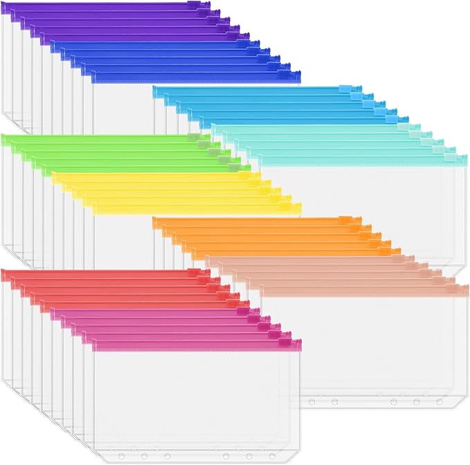 Antner 50PCS A6 Binder Pockets 6-Hole Budget Binder Inserts, 10 Assorted Color Zipper Pouch Folders Cash Stuffing Envelopes for Budgeting, Loose Leaf Filling Bags Money Organizer for A6 6-Ring Binders