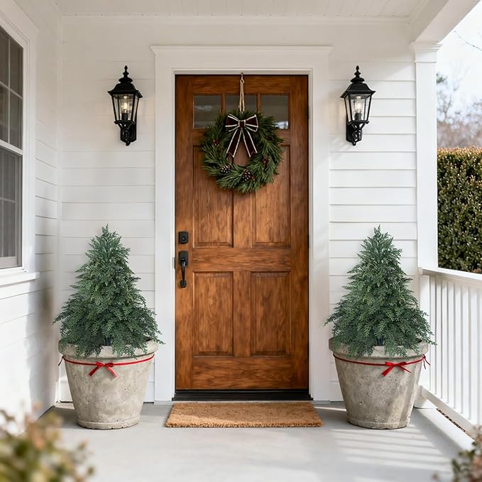 Artificial 26" Cypress Topiary Cedar Trees with Ground Spike, 2 Pieces Fake Pine Shrubs Bushes, UV Resistant Faux Evergreen Tree Plants for Indoor Outdoor Planters Front Porch Christmas