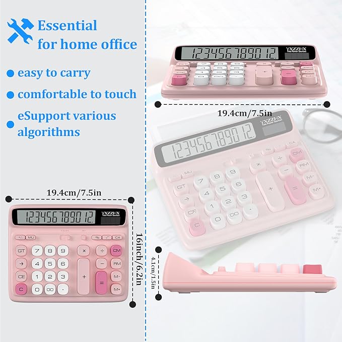 Desktop Calculator with Extra Large 5-Inch LCD Display, 12-Digit Two Way Power Solar & Battery Office Calculator with Big Buttons for Business, Accounting & Home Use(Pink)
