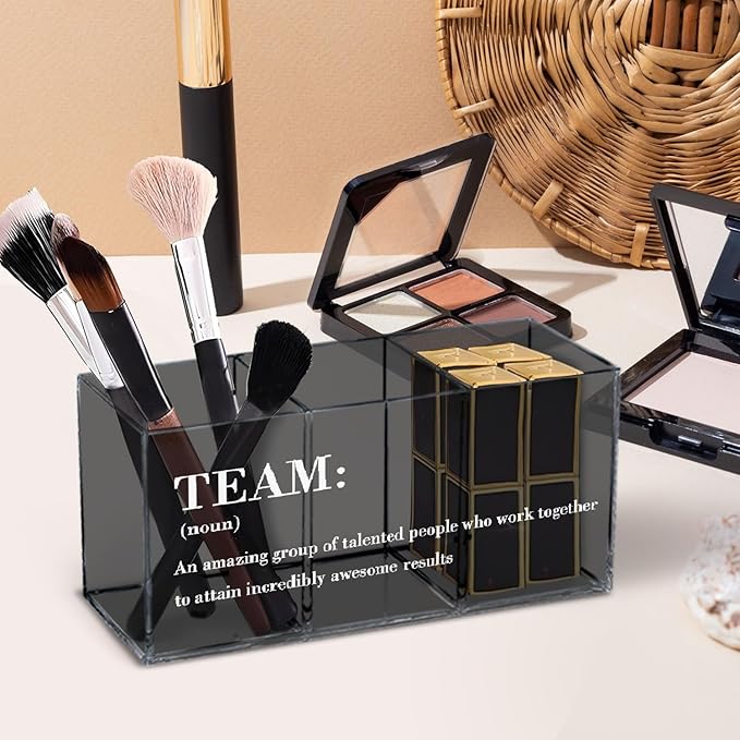 Teamwork Black Acrylic Pen Holder for Desk, Office Team Gifts, 3 Compartments, Decorative