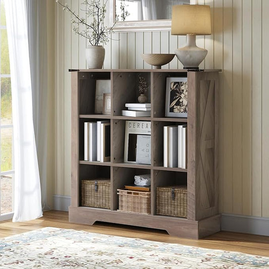 9 Cube Storage Organizer, 3 Tier Bookshelf for Living Room, Farmhouse Bookcase with Led, Kids Toy Storage Cabinet, Wall Cubby Shelves for Home Decor, Wood Display Cabinet for Bedroom, Grey