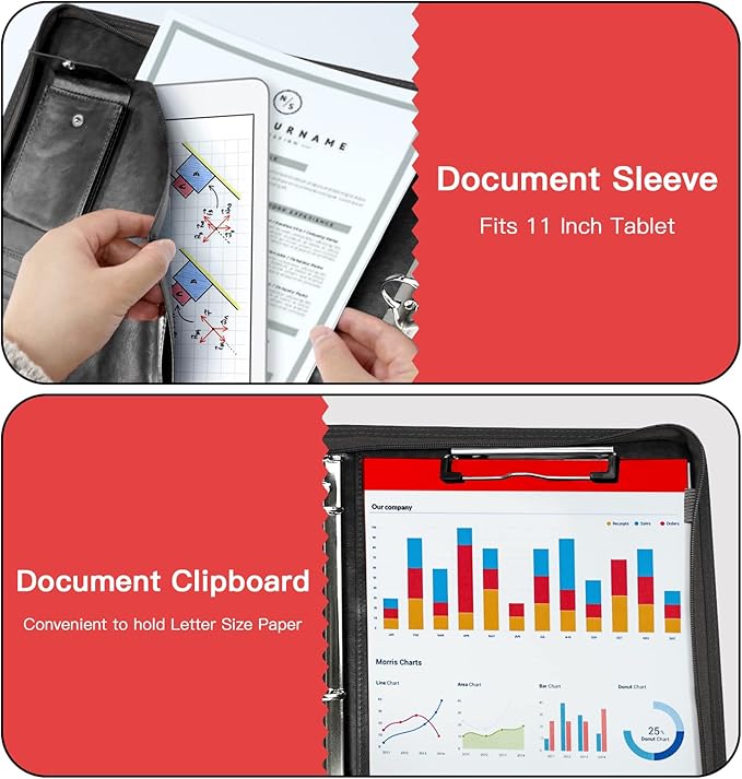 Zippered Portfolio Organizer, WRIYES Leather Padfolio with 3 Ring Binder, Professional Business Binder, Organizer for IPad/Document, Phone & Business Cards, Office Gifts for Men or Women (Black)