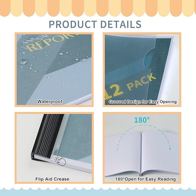 Binditek 40 Pack Heavyduty Clear Report Covers with Sliding Bars, 80 Sheet Capacity, 9mm Sliding Bar File Folder Binder, Letter Size, 8 Mil Thick, Black, for Students and Coworkers