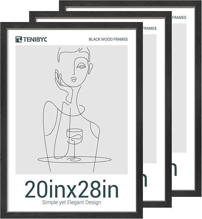 20x28 Picture Frames Set - 3 Pack - Black Solid Wood Poster Frame - Exclusive Woodgrain - Rooms, Offices, Gallery, Studio, and Hallway, Wall Display Decor