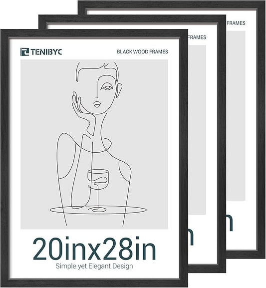 20x28 Picture Frames Set - 3 Pack - Black Solid Wood Poster Frame - Exclusive Woodgrain - Rooms, Offices, Gallery, Studio, and Hallway, Wall Display Decor