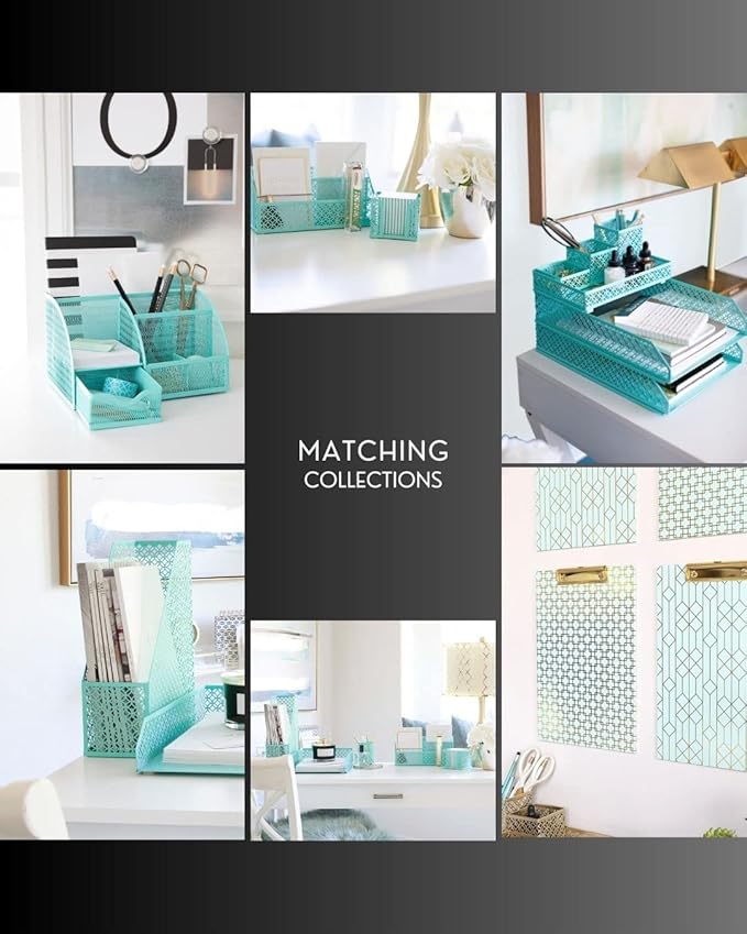 BLU MONACO Floral Magazine Holder, Set of 4 Foldable Magazine File Boxes, Aqua Floral Pattern with Gold Label Holder, Vertical Desk Organizer and Binder Holder