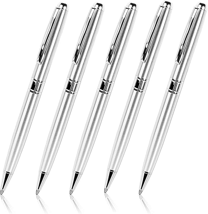 Cambond Ballpoint Pens Bulk Pens - Sliver Metal Pen Nice Luxury Pens for Men Business Office Police Comfortable Writing Twist Retractable 1.0 mm Medium Point Nice Pen, 5 Pack (Silver)