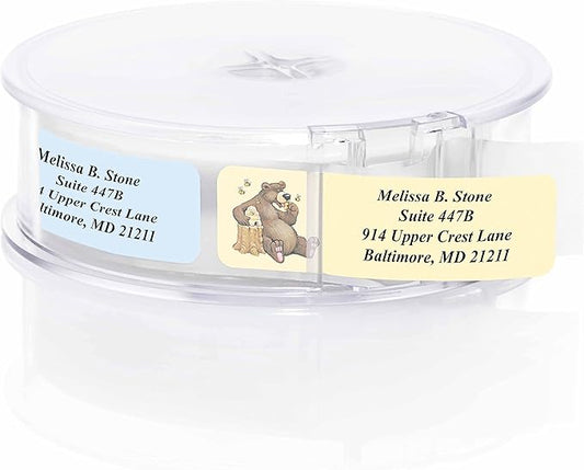 Bears Designer Assorted Rolled Address Labels with Elegant Plastic Dispenser