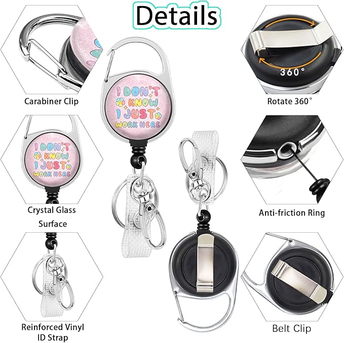 Gctriki Badge Reel Retractable Heavy Duty with 360° Swivel Carabiner Clip, I Don't Know I Just Work Here ID Badge Holder Retractable, Funny Nurse Teacher Work Gifts Keychain Name Badge Clip