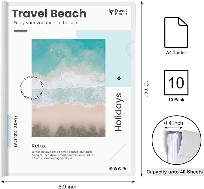 JOERSH 10Pcs Clear Report Covers with Sliding Bar, 40 Sheet Capacity Plastic Binder Paper Protector, Report Folders with Clear Cover for Resume File Documents, 5 Colors