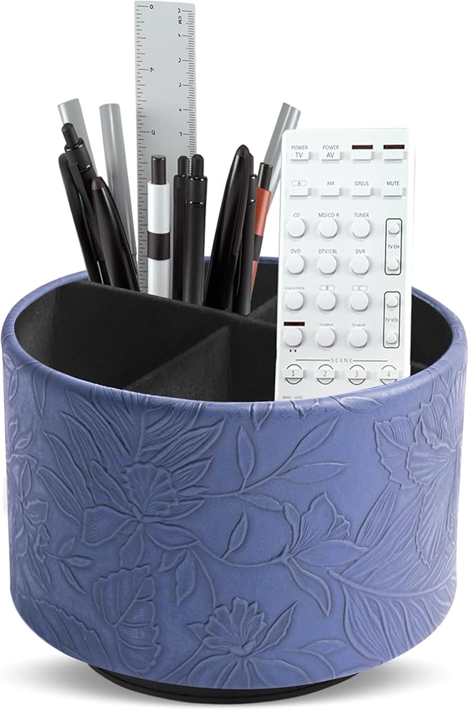 Hennaja Round Leather Art Supply Organizer,Remote Control Holder,360 Degree Spinning,Multi-Functional Pencil Holder,4 Compartments Desktop Stationary Organizer(1-Carved Dark Blue)