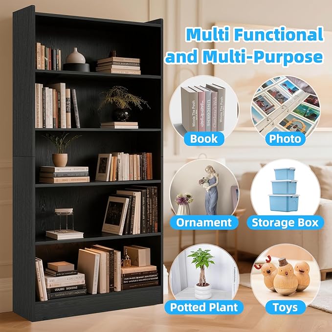 72" Rectangle Wooden Bookshelf with 6 Tier Bookshelf, Large Bookcase for Home Offices and Living Rooms with Storage Shelves, Display Shelves, Black