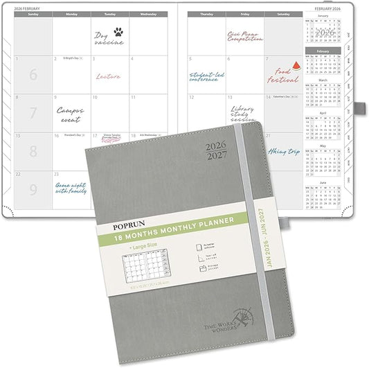 POPRUN Monthly Planner 2026-2027 (Large- 8.5" x 10.5" Soft Cover), 18-Month Calendar Book (Jan.2026 - Jun. 2027), Calendar Planner with Monthly Tabs & Pocket, 100 GSM Paper - Grey