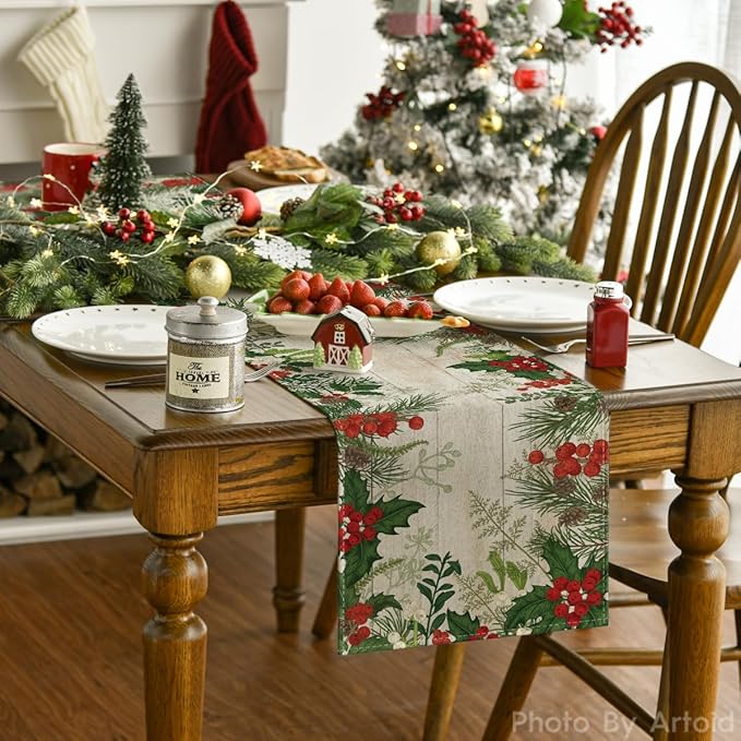 Artoid Mode Holly Fir Wood Pine Cone Leaves Christmas Table Runner, Seasonal Winter Holiday Kitchen Dining Table Decoration for Home Party Decor 13x72 Inch