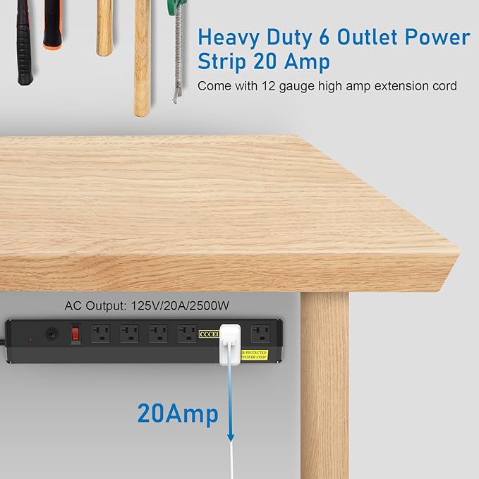 CCCEI Heavy Duty Power Strip Surge Protector 20 Amp, High Amp Industrial Shop Garage Metal Multiple Outlets, 6 FT 12 Gauge 5-15P Extension Cord 6 Outlet 6-20R T-Slot 20a for Appliance. Black.