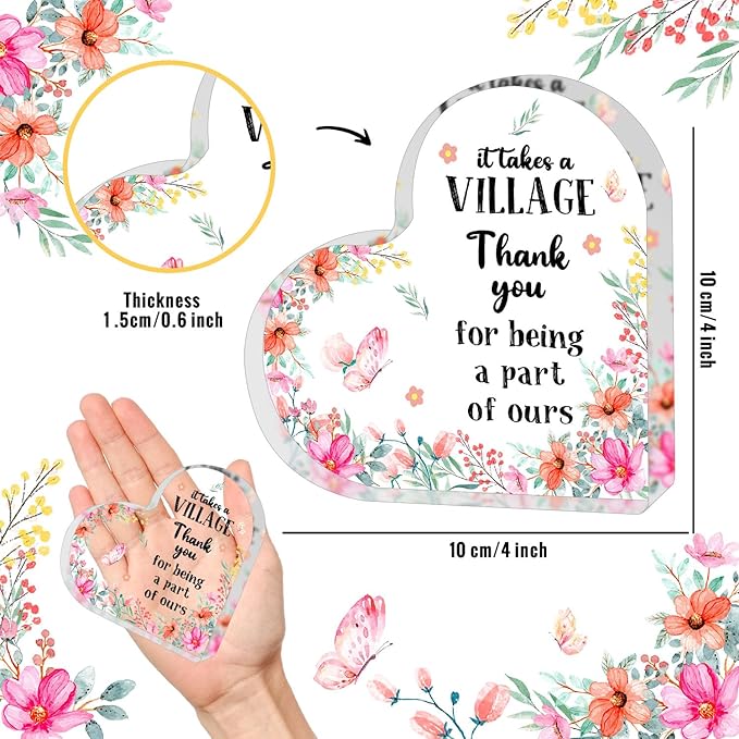 Appreciation Gifts for Women, Acrylic Heart Keepsake,Inspirational Gifts for Coworker Boss, Thank You Acrylic Gifts, Thank You Gifts for Women, It Takes a Village Thank You Gifts