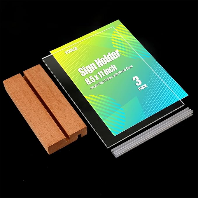 3 Pack Acrylic Sign Holder 8.5x11 with Wood Base L/T Shape 2 in 1 Acrylic Frame Wood Sign Holder Display Stand for Restaurant, Wedding, Office