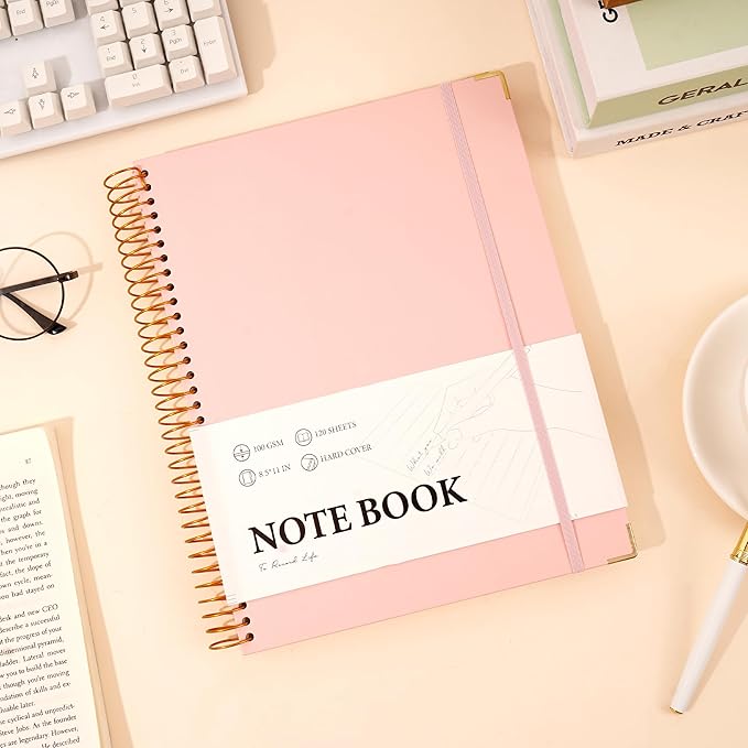 Pink Spiral Notebook College Ruled 8.5 X 11 with Tab Stickers Large Hardcover Notebooks for School Supplies A4 Note Book Journal Notebooks for Work Note Taking Office Women Men Writing, 200 Pages