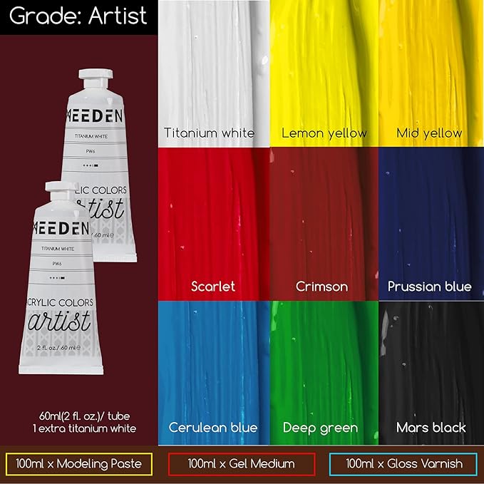 MEEDEN Art Set with French Easel for Professional Artist,Supplies Acrylic Painting(10-60ML) Kit with Paintbrushes for Adults,Pre Painter and Canvas Drawing Starter-Prime Art Series