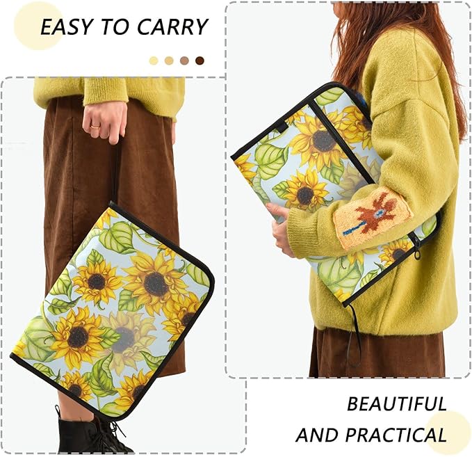 Expanding File Folder,13 Pocket Accordion File Folders with Sticky Labels, A4 Letter Size Paper Document Organizer with Zipper Closure for Office School,Hand Painted Sunflower